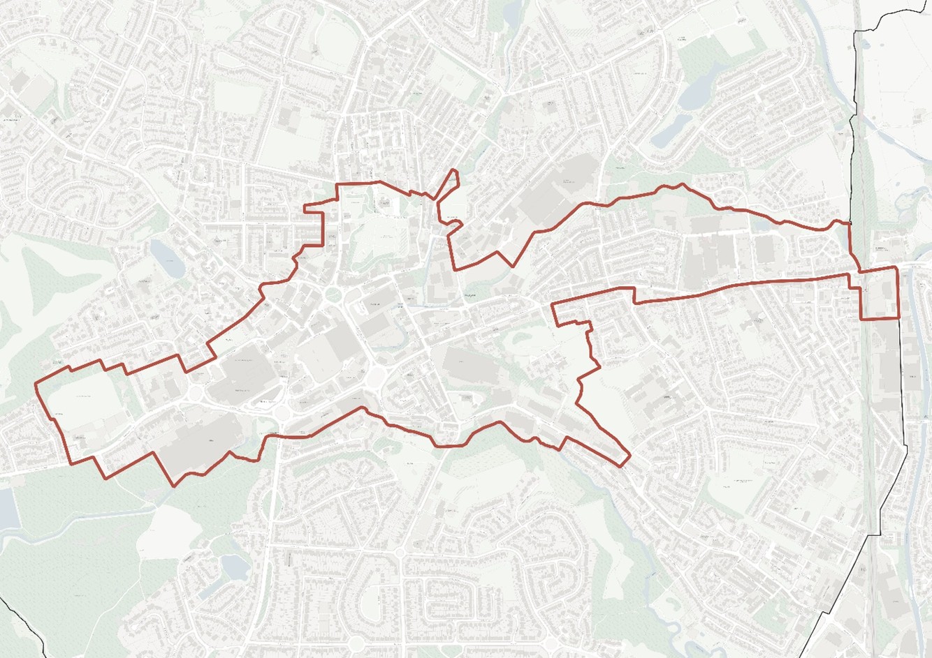 Map showing the proposed boundary for the Middleton Mayoral Development Corporation (MDC), outlined in red over a light grey street and land-use base map. The boundary forms an irregular, elongated shape running broadly west to east across Middleton, encompassing a mix of residential neighbourhoods, town centre areas, and some green spaces.