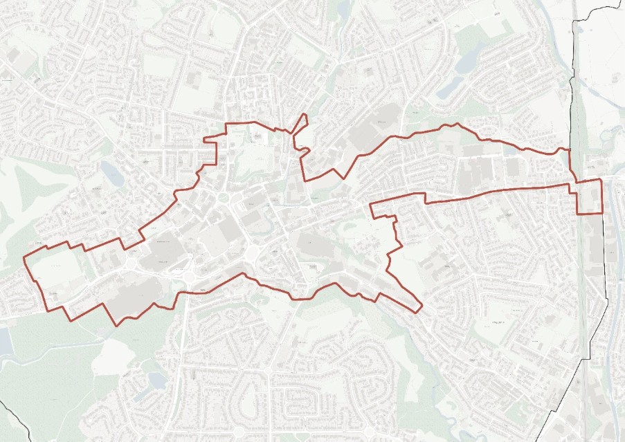 Map showing the proposed boundary for the Middleton Mayoral Development Corporation (MDC), outlined in red over a light grey street and land-use base map. The boundary forms an irregular, elongated shape running broadly west to east across Middleton, encompassing a mix of residential neighbourhoods, town centre areas, and some green spaces.