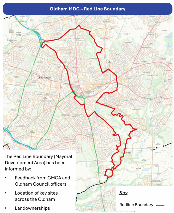 Map of Oldham showing a red outlined boundary labelled “Oldham MDC – Red Line Boundary.” The red line encloses a large, irregularly shaped area extending from the north of Oldham town centre down to the south-east, covering urban neighbourhoods and key routes. A side panel states that the boundary has been informed by feedback from GMCA and Oldham Council officers, the location of key sites, and land ownerships. A key indicates the red line represents the Mayoral Development Corporation boundary.