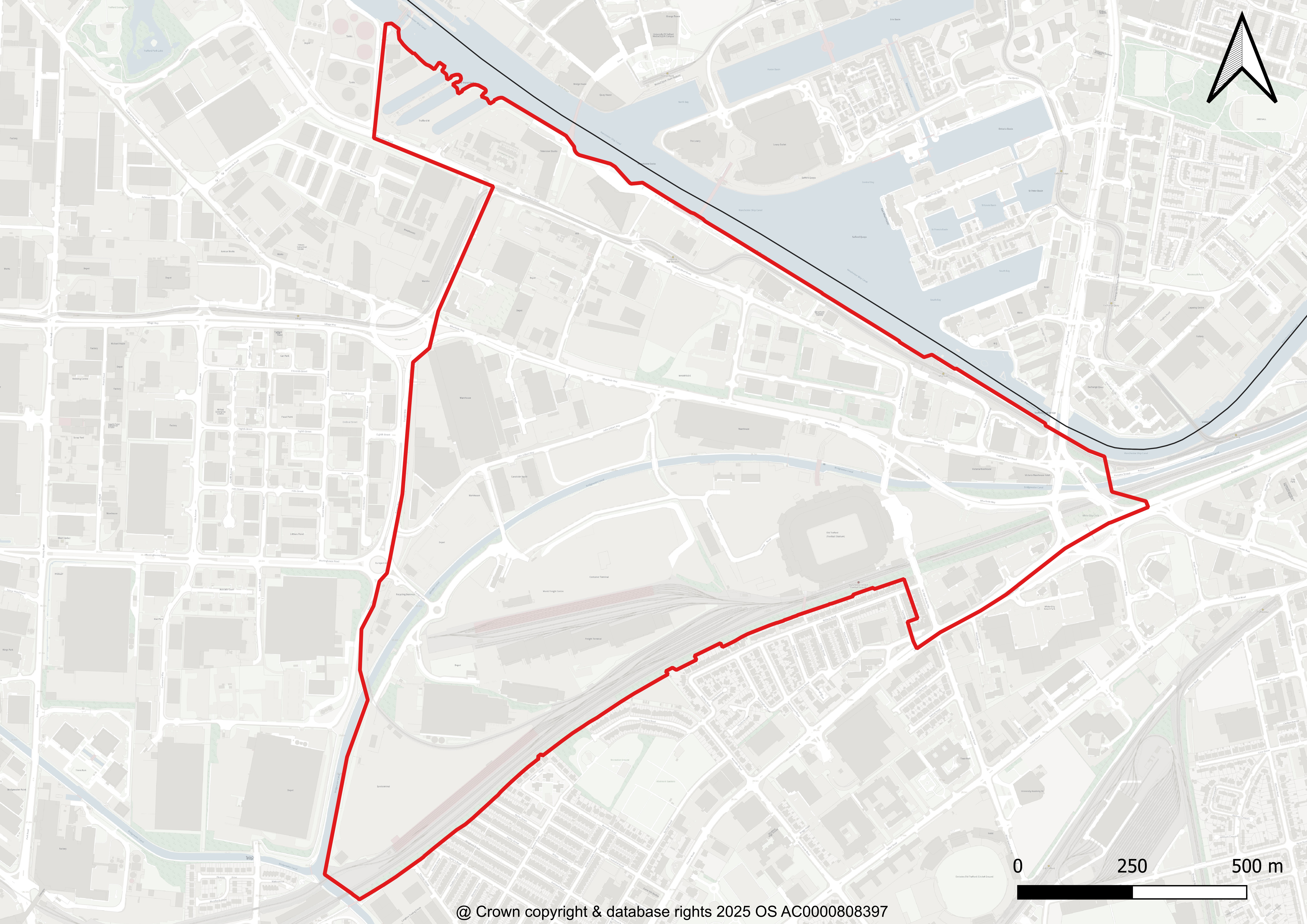 The map outlines the proposed boundary for the Old Trafford Regeneration MDC. This area is strategically located near Liverpool Road and the M62 corridor, with the Manchester Ship Canal forming the northern boundary and the railway tracks marking the southern edge.