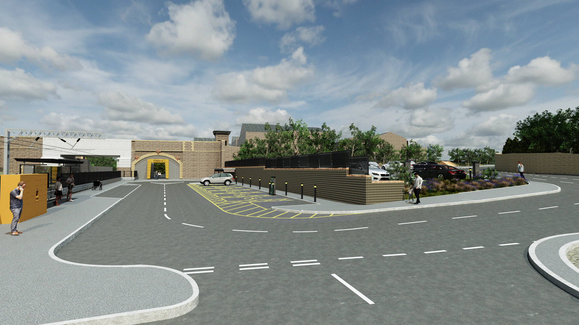 A computer-generated visualisation of the proposed Hindley travel hub viewed from the station approach road. The image shows the proposed walkway connection beneath Ladies Lane bridge, connecting to Hindley rail station. There is a designated sheltered drop-off and pick-up area on the left of the image, alongside the railway tracks, accessible parking bays opposite the pick-up and drop-off area with safety bollards separating the parking bays from pedestrian walkway, cycle parking facilities by the walkway beneath Ladies Lane bridge, and landscaped planting. An expanded car park is located on a raised level behind retaining walls. The visualisation illustrates how the travel hub would improve access and connections between different modes of transport.