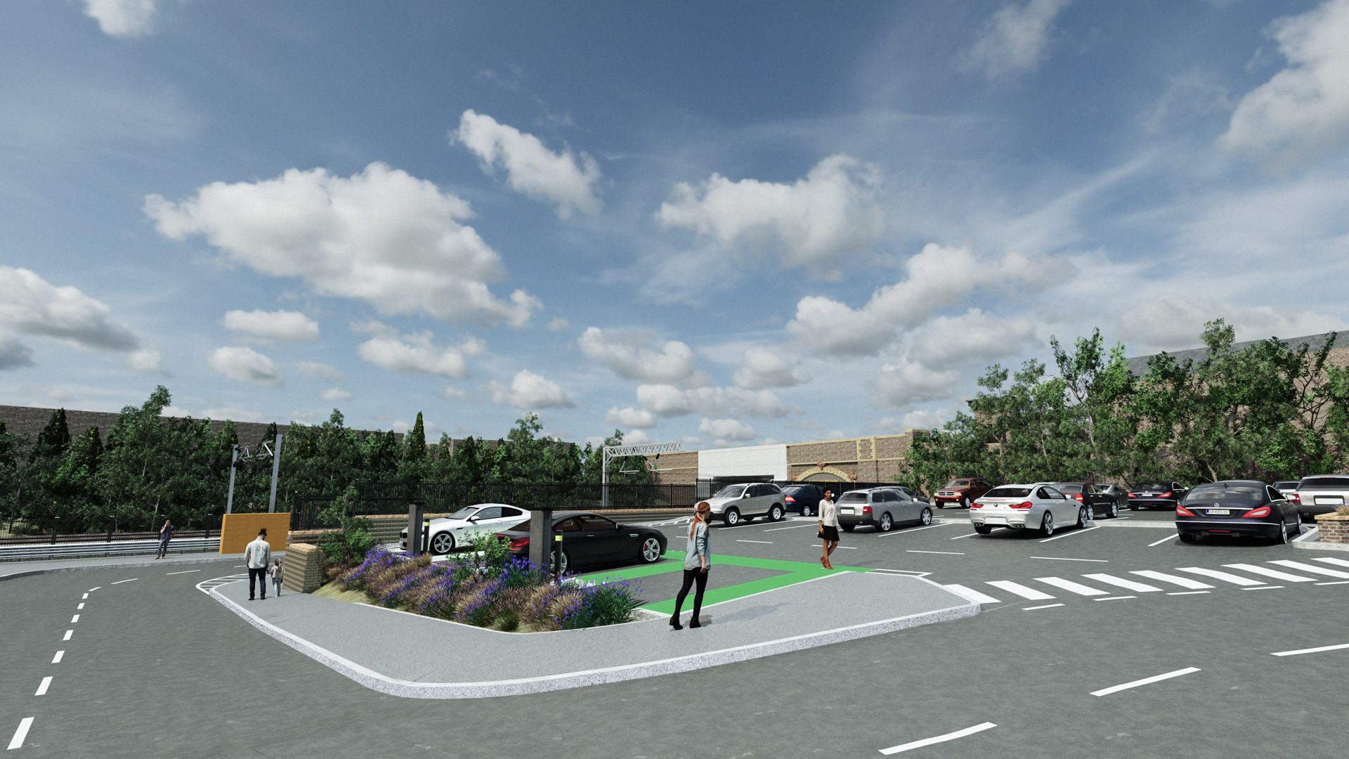 A computer-generated visualisation of the proposed Hindley travel hub. The image shows a redesigned station car park with multiple parking spaces, landscaped planting beds, trees and clearly marked pedestrian routes. People are shown walking between the parking area and the station. A raised crossing connects different parts of the car park, while railway tracks and station structures can be seen behind a boundary fence. The design emphasises safer pedestrian movement, additional parking and improved public realm features.