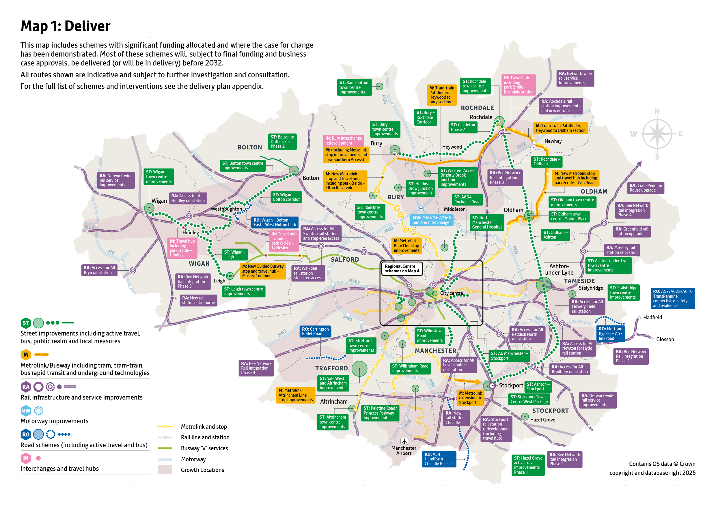The deliver map shows a range of transport schemes across Greater Manchester of different types. These include:    Street improvements including active travel, bus, public realm and local measures   Metrolink/Busway including tram, tram-train, bus rapid transit and underground technologies   Rail infrastructure and service improvements    Motorway improvements    Road schemes (including active travel and bus)   Interchanges and travel hubs   Full details of all schemes displayed are included in the Greater Manchester Transport Delivery Plan 2027-2037 appendix. All routes shown are indicative and subject to further investigation and consultation.